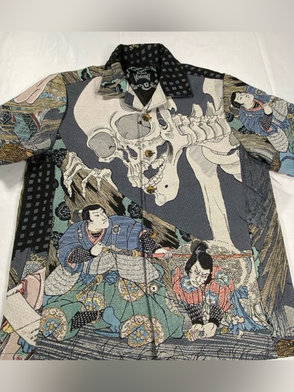 REBEL VENGEANCE Men's Short Sleeve Tapestry Graphic Button-Up Shirt